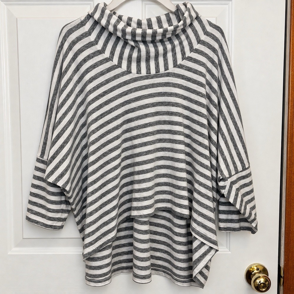 Eileen Fisher XL Striped Cowl Neck Tunic Top  High Low Dolman Lightweight